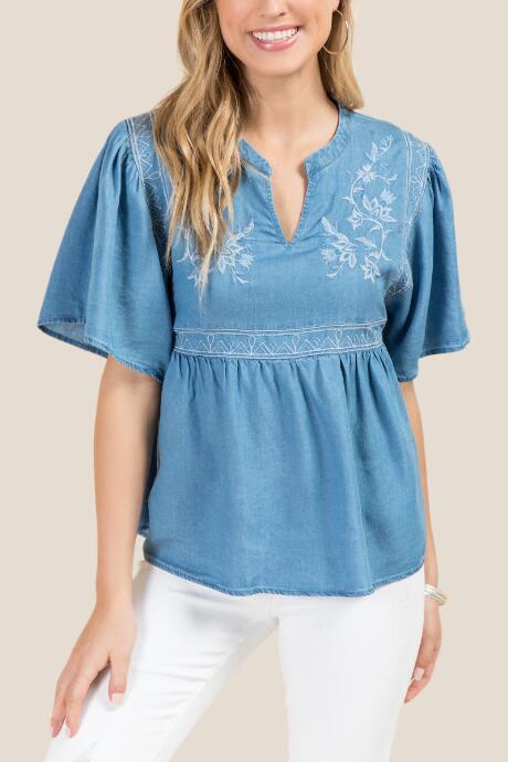 Francesca Inchess Corinne Flutter Sleeve Lattice Embroidery Top - Lite