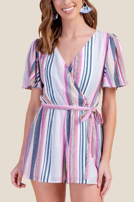 Francesca's Willow Striped Surplice Romper - Navy