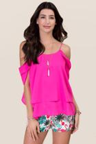Francesca's Eloise Cold Shoulder Ruffle Layer Top - Neon Pink