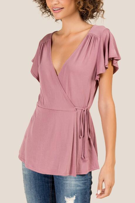 Francesca's Arie Flutter Sleeve Wrap Top - Rose