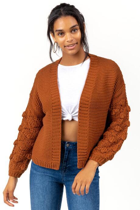 Francesca's Sabeena Bobble Sleeve Open Sweater - Tortoise