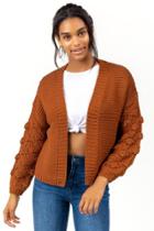Francesca's Sabeena Bobble Sleeve Open Sweater - Tortoise