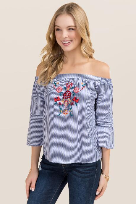 Blue Rain Carol Striped Embroidered Off The Shoulder Top - Oxford Blue