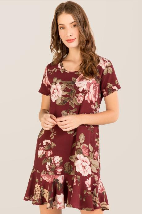 Francesca's Cay Ruffle Floral Shift Dress - Burgundy