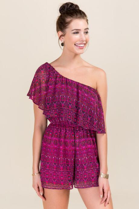 Francesca's Clementine One Shoulder Romper - Neon Pink