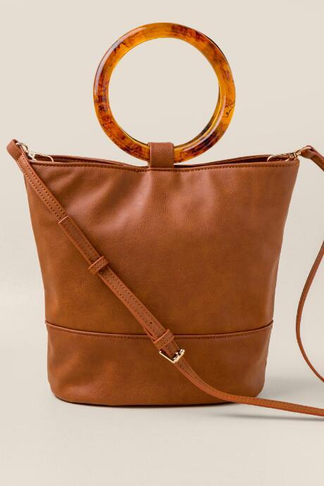 Francesca's Julissa Tortoise Ring Bucket Satchel - Cognac