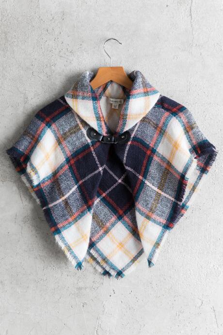 Francesca's Gnes Plaid Kids Ruana - Navy