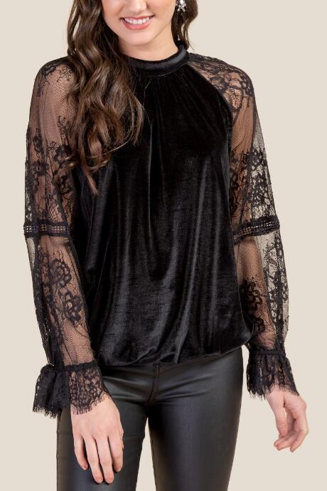 Francesca Inchess Lucy Lace Velvet Smocked Blouse - Black