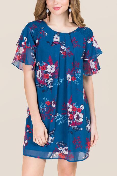Blue Rain Evie Ruffle Floral Shift Dress - Peacock