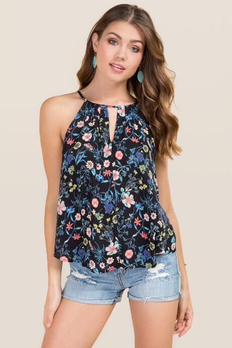 Blue Rain Tagan High Neck Floral Tank - Black