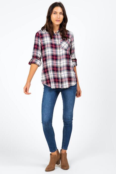 Francesca's Harlean Plaid Button Down Top - Red