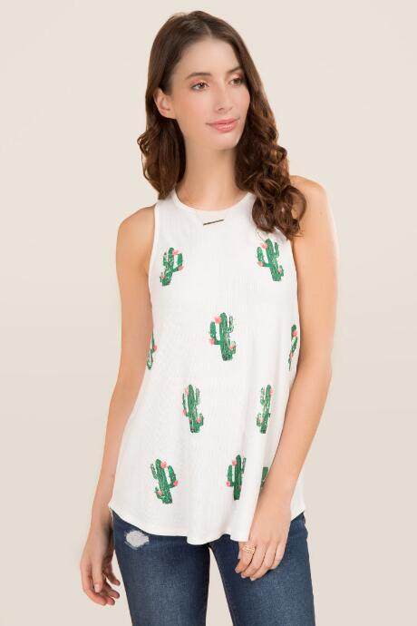 Alya Carra Floral Cactus Knit Tank - White