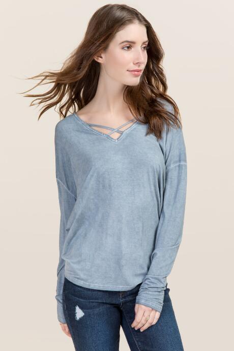 Alya Merissa Mineral Wash X Neck Top - Gray