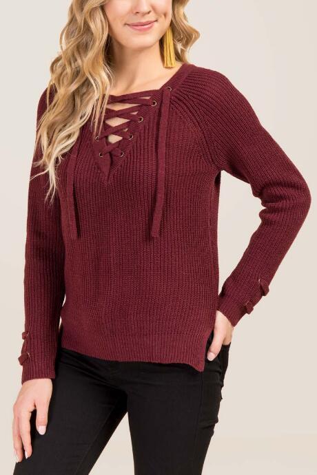 Francesca's Dorothy Lace Up Step Hem Sweater - Burgundy