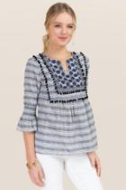 Blue Rain Teresa Embroidered Yoke With Pom Trim Blouse - Oxford Blue