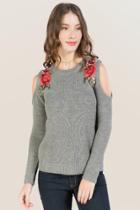 Blue Rain Angelina Cold Shoulder Rose Patch Pullover Sweater - Gray