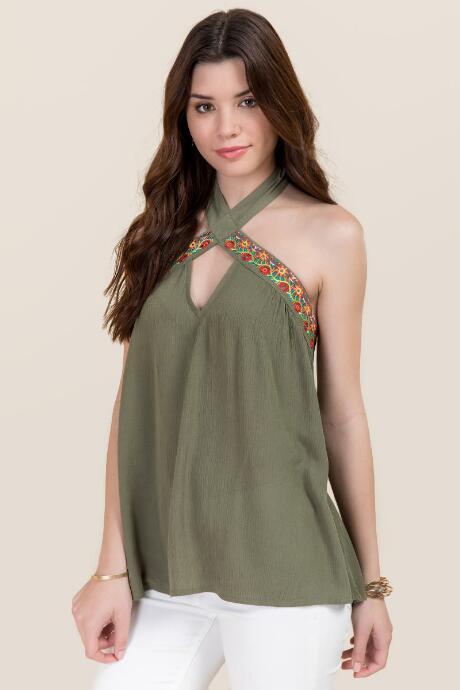 Blue Rain Prudence Halter Keyhole Multi Embroidered Tank - Dark Olive