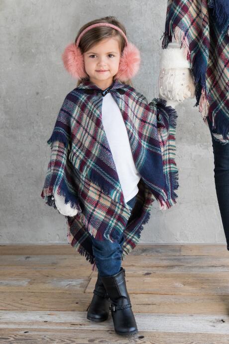 Francesca's Mila Plaid Kids Ruana - Navy