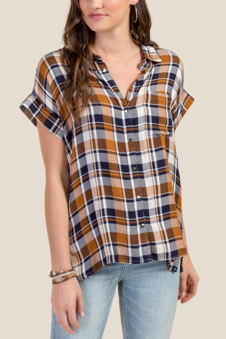 Francesca's Fiona Plaid Button Down - Amber