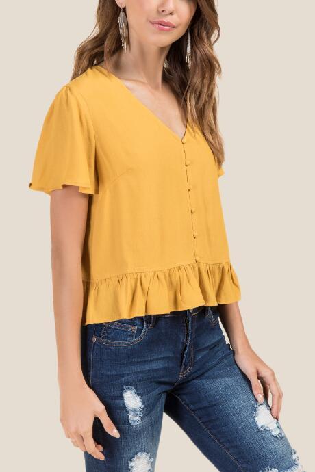 Francesca's Caroline Covered Button Ruffle Hem Top - Marigold