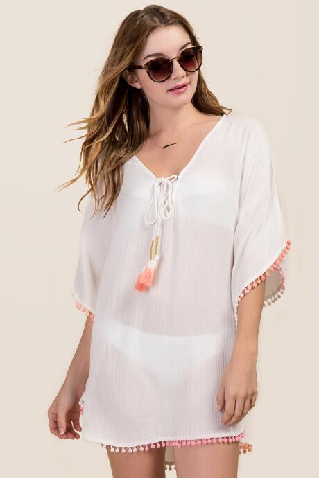 Francesca's Flora Lace Up Pom Trim Cover-up - White