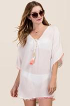 Francesca's Flora Lace Up Pom Trim Cover-up - White