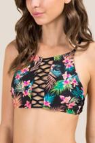 Francesca's Shaelyn High Neck Floral Swimsuit Top - Black