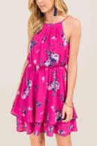 Francesca's Betsy Gather Floral Twin Print A-line Dress - Fuchsia