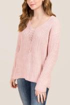 Francesca's Alma Border Stitch V Neck Sweater - Blush