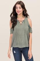 Blue Rain Nisha Lattice Mineral Wash Cold Shoulder Top - Dark Olive