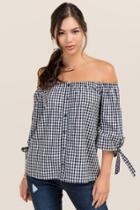 Blue Rain Sally Gingham Button Front Off The Shoulder Top - Black/white