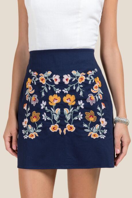 Francesca Inchess Cary Floral Embroidered Front Mini Skirt - Navy