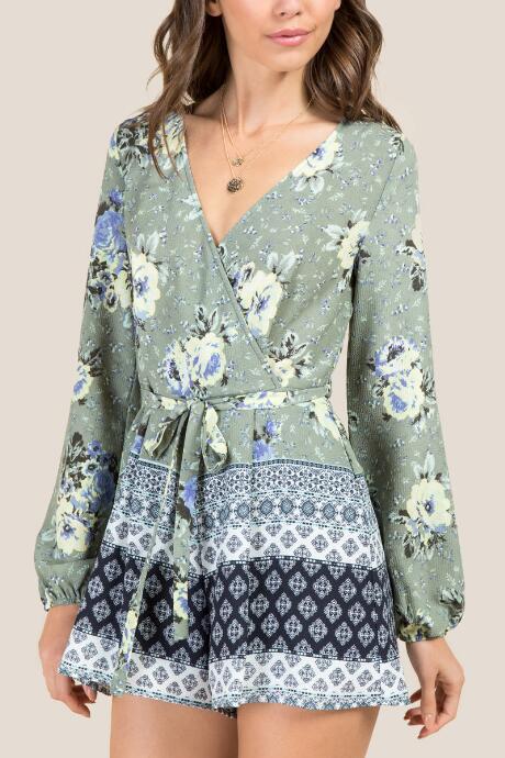 Francesca Inchess Briella Tie Back Floral Border Print Romper - Dark Olive