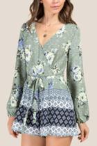 Francesca Inchess Briella Tie Back Floral Border Print Romper - Dark Olive