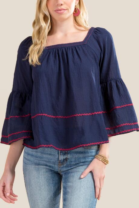 Francesca Inchess Camila Bell Sleeve Wavy Tape Trim Top - Navy
