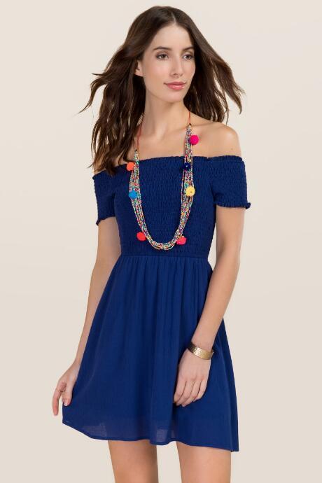 Francesca's Anne Smocked Off Shoulder Dress - Navy