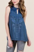 Francesca's Dani Ombre Embroidery Mineral Wash Top - Navy