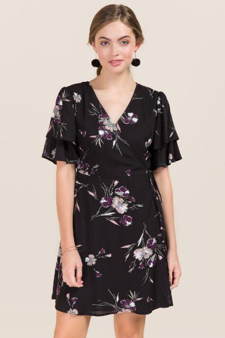Blue Rain Arlette Floral Ruffle Sleeve Wrap Dress - Black