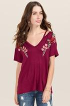Sweet Claire Inc. Cici Floral Patch Shoulder Cut Out Top - Burgundy