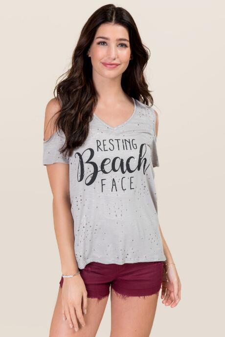 Alya Resting Beach Face Distressed Graphic Tee - Gray
