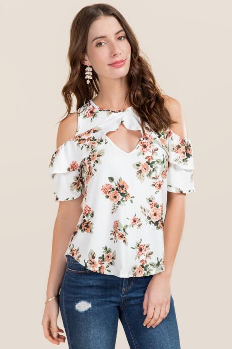 Alya Jolene Floral Ruffle Cold Shoulder Top - Ivory