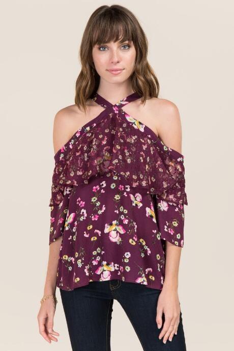Fire Div Of Topson Downs Of Ca, Inc Carlie Mixed Floral Swiss Dot Y Neck Blouse - Purple