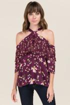 Fire Div Of Topson Downs Of Ca, Inc Carlie Mixed Floral Swiss Dot Y Neck Blouse - Purple