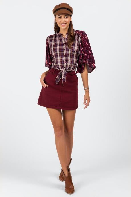 Francesca's Camilla Floral Plaid Mix Blouse - Burgundy