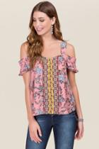 Trixxi Anna Mixed Floral Cold Shoulder Top - Rose