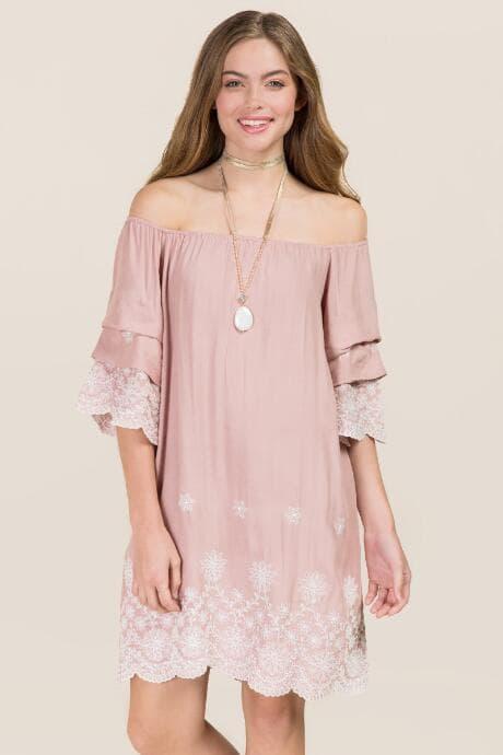 Blue Rain Shyla Off The Shoudler Lantern Sleeve Shift Dress - Rose