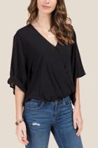 Francesca's Ellen Short Sleeve Draped Surplus Blouse - Black