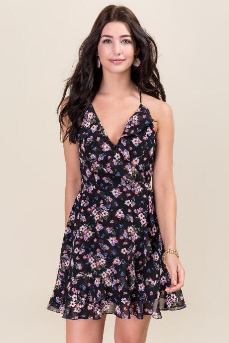 Mi Ami Helen Floral Ruffle A-line Dress - Black