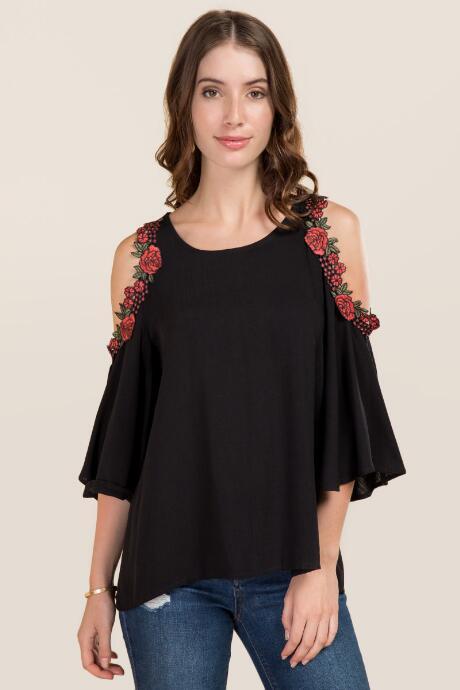 Blue Rain Margot Rose Trim Cold Shoulder Top - Black