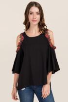 Blue Rain Margot Rose Trim Cold Shoulder Top - Black